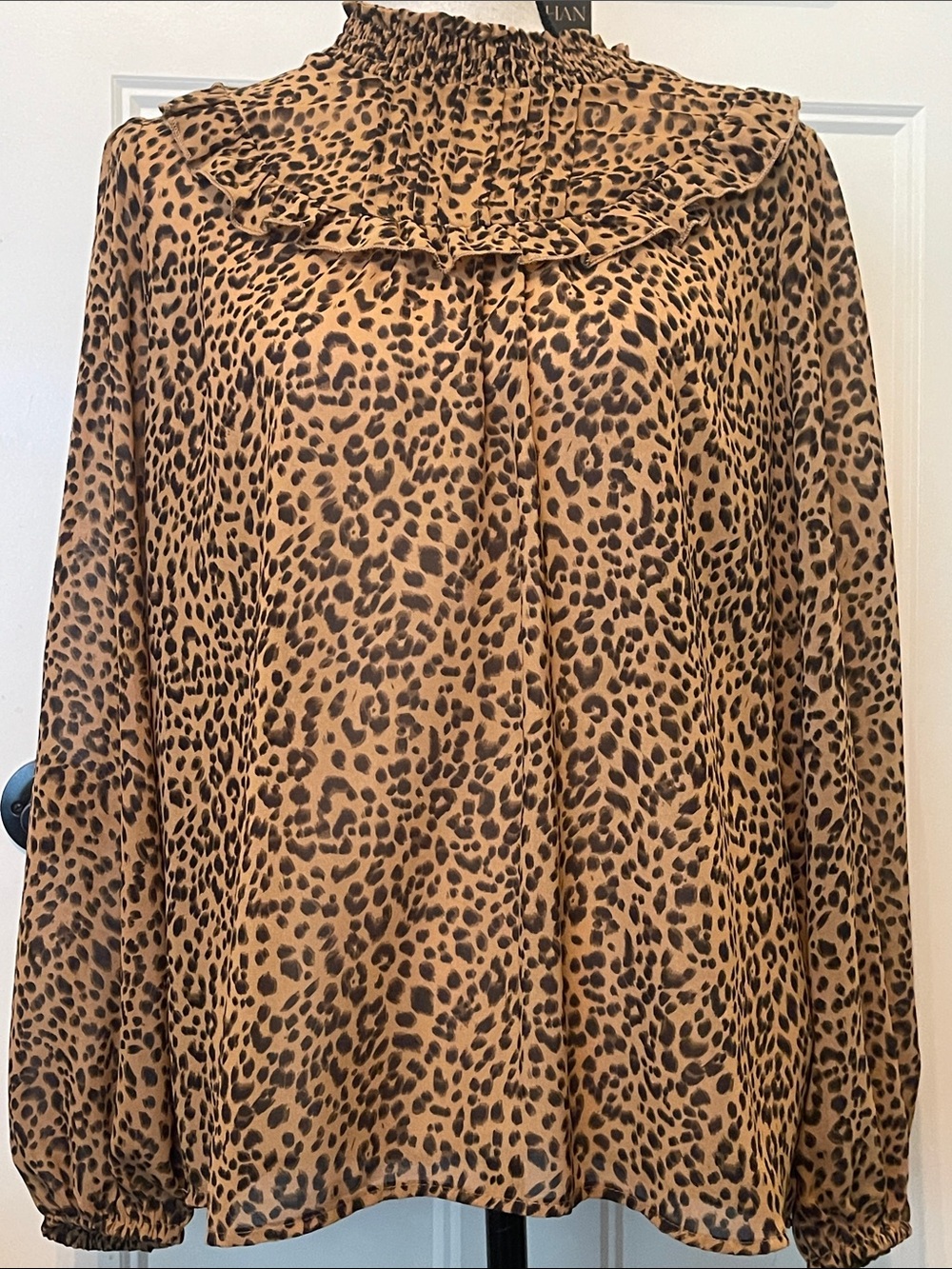 Hayden Leopard Ruffle Mock Neck Blouse - Tan, Brown